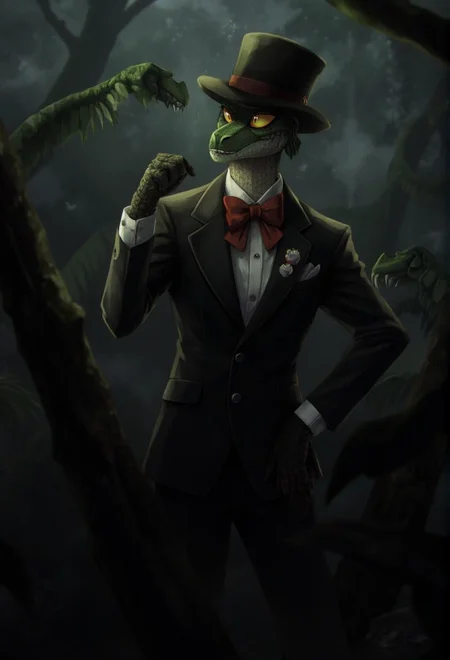 <lora:ck-LttleGhost-000011.safetensors:1> in the style of ck-lttlegh0stA reptilian man in a black suit, smoking hat, and red bowtie poses in a misty, dark atmosphere with yellow eyes and sharp teeth. The image features detailed shading and textures, blending fantasy with realism.