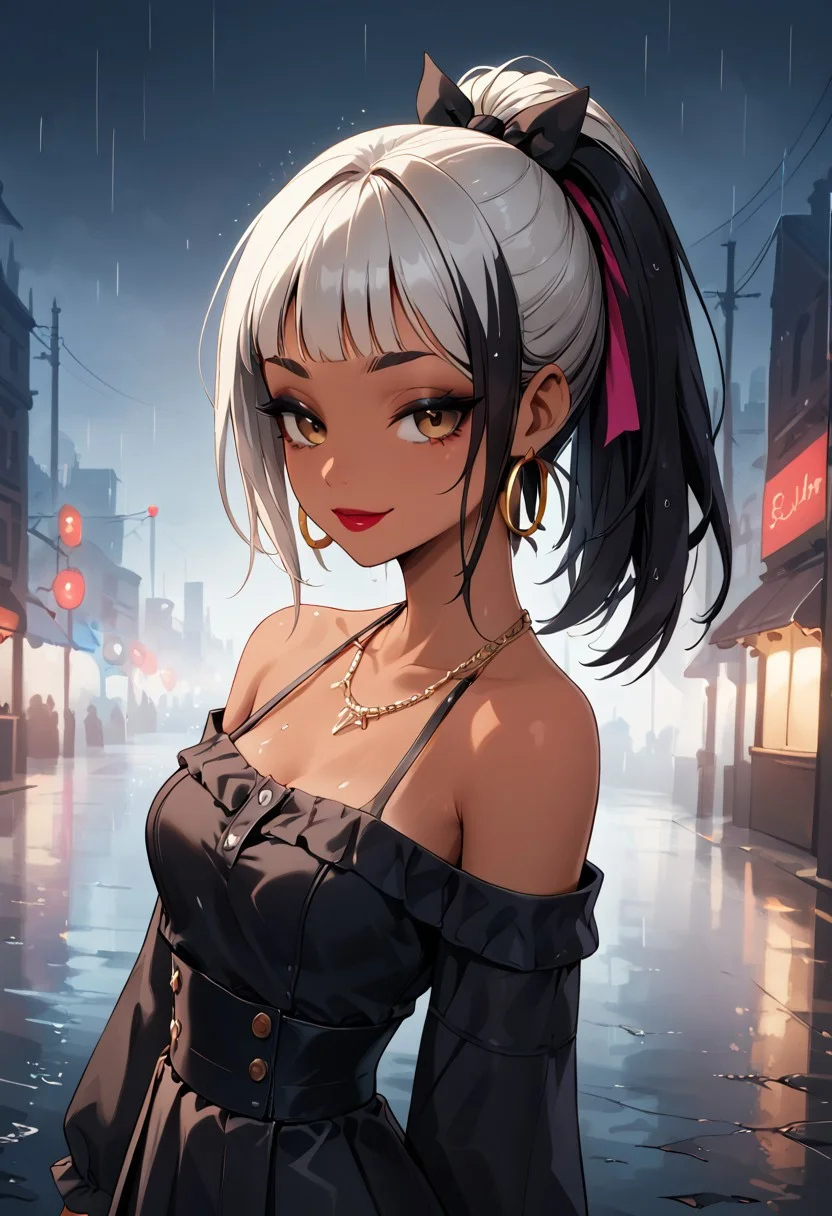 score_9, score_8_up, score_7_up, score_6_up, score_5_up, score_4_up, 1girl, gorgeous girl, cute face, slicked hair, honey Brown eyes, large teardrop breasts, hair partially framing face, , black eyebrows, long black hair, long hair, cute, slender, skinny, purple eyeliner, bracelets, earrings, jawline, slight smile, half bang, gold jewelry, seductive eyes, hoop earrings, black eyeshadow, tan skin, red lipstick, eye lashes, mascara, silver hairstreak, skinny waist, dynamic angle, silver streak in hair, from side, petite, short, pink neon, city Street, wet pavement, goth aesthetic, necklace, rain, ponytail, storm, raining, citynight lights, black leggings, sleeves, off shoulder, skirt, white hair tie, wide hair ribbon, blue neon,