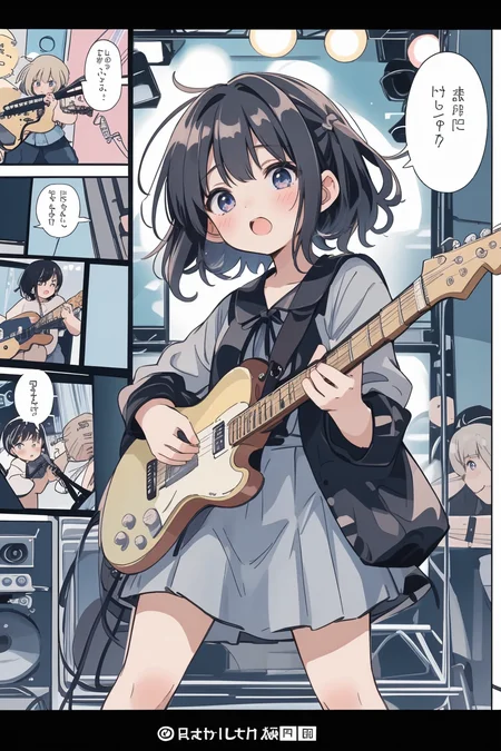 1girl, playing guitar,stage,live concert <lora:LCM_LoRA_Weights_SD15:0> <lora:MangaGen1:1> <lora:mangaC:2> manga,frame,speech bubble,color