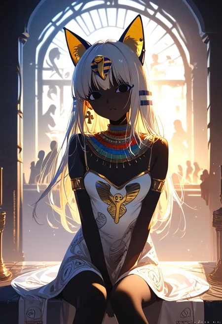 (masterpiece, best quality), (score_9, score_8_up, score_7_up,source_anime), 4K8K, high res image, Uncorrected, white print, lineart print, print,
from front, upperbody, portrait,
Ankha_(Animal_Crossing), (solo:1.3),
(animals), silhouette, backlit, backlighting, dark night, Porcelain Mix Gold, pmg style,
(golden lines, white silhouette skin, Skin like porcelain),
sitting, bent over, spreading legs, Arms between legs, Porcelain wall, (small stature, petite:1.3), (breasts:1.1), (white hair, verry long hair, cat ears),
(wearing Porcelain clothing, Porcelain Egyptian-style dress),