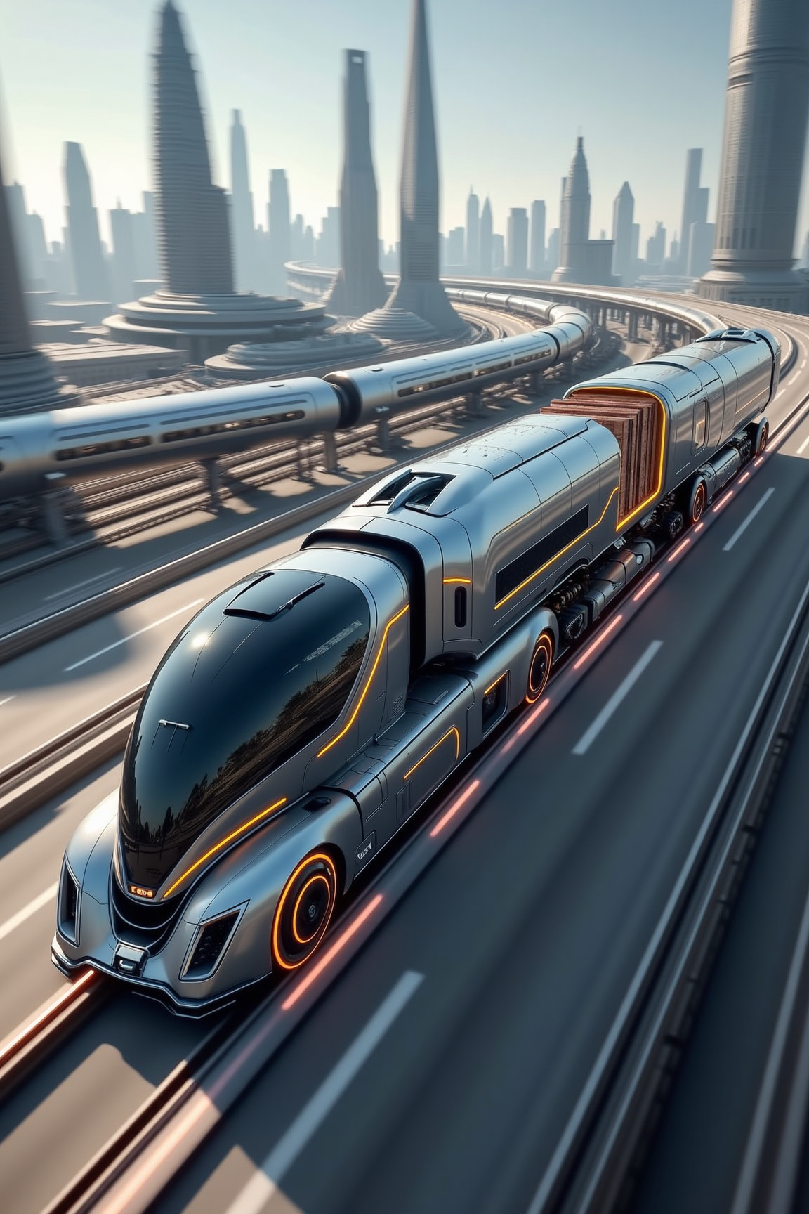 YFG-R1gs, A high-speed, maglev train-truck hybrid, its sleek, aerodynamic design allowing it to reach incredible speeds, races along a futuristic track. The vehicle's cargo bay is filled with time-sensitive goods, destined for a distant city. The train-truck's advanced propulsion system and magnetic levitation technology minimize friction, allowing it to glide effortlessly along the track. The surrounding landscape is a blur of motion, with futuristic buildings and advanced transportation systems flashing by.