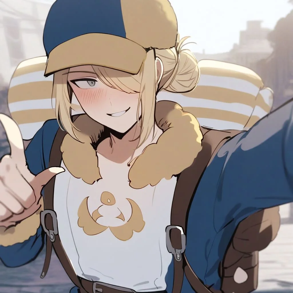 solo, 1boy, male focus, blonde hair, grey eyes, hair over one eye, VoloGinkgo, blue jumpsuit, fur trim, apron, brown belt, backpack, baseball cap, two-toned headwear, blue headwear, yellow headwear, hair bun, sidelocks, smile, blush, masterpiece, best quality, outdoors, pointing