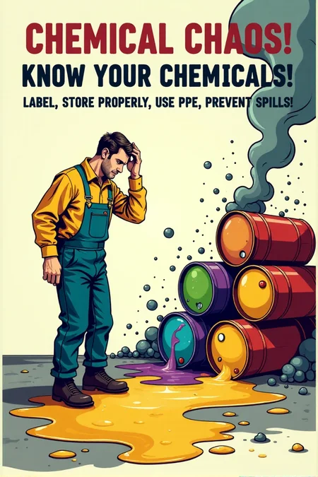 "Vintage safety poster cartoon depicting a comical chemical spill scene. A worker has clumsily knocked over a stack of unlabeled, precariously piled chemical drums, causing them to leak and spill brightly colored, bubbling chemicals across the floor. He is standing amidst the puddles, wearing no protective gear, just scratching his head in confusion as comical fumes rise around him and change color. The sign text urgently warns: 'CHEMICAL CHAOS! KNOW YOUR CHEMICALS! LABEL, STORE PROPERLY, USE PPE, PREVENT SPILLS!' Render in a slightly chaotic, vintage cartoon style, emphasizing the vibrant and alarming colors of the spilled chemicals and the worker's lack of protection. Use a rainbow of alarming chemical colors (bright greens, toxic yellows, bubbling purples) against a stark white background to highlight the hazard. Visually stunning vintage cartoon, impactful chemical safety message, high detail in chemical spill effects and the worker's unprotected state." <lora:REMEs_War_Poster_Style:0.9> In REME's War Poster Style,âââ