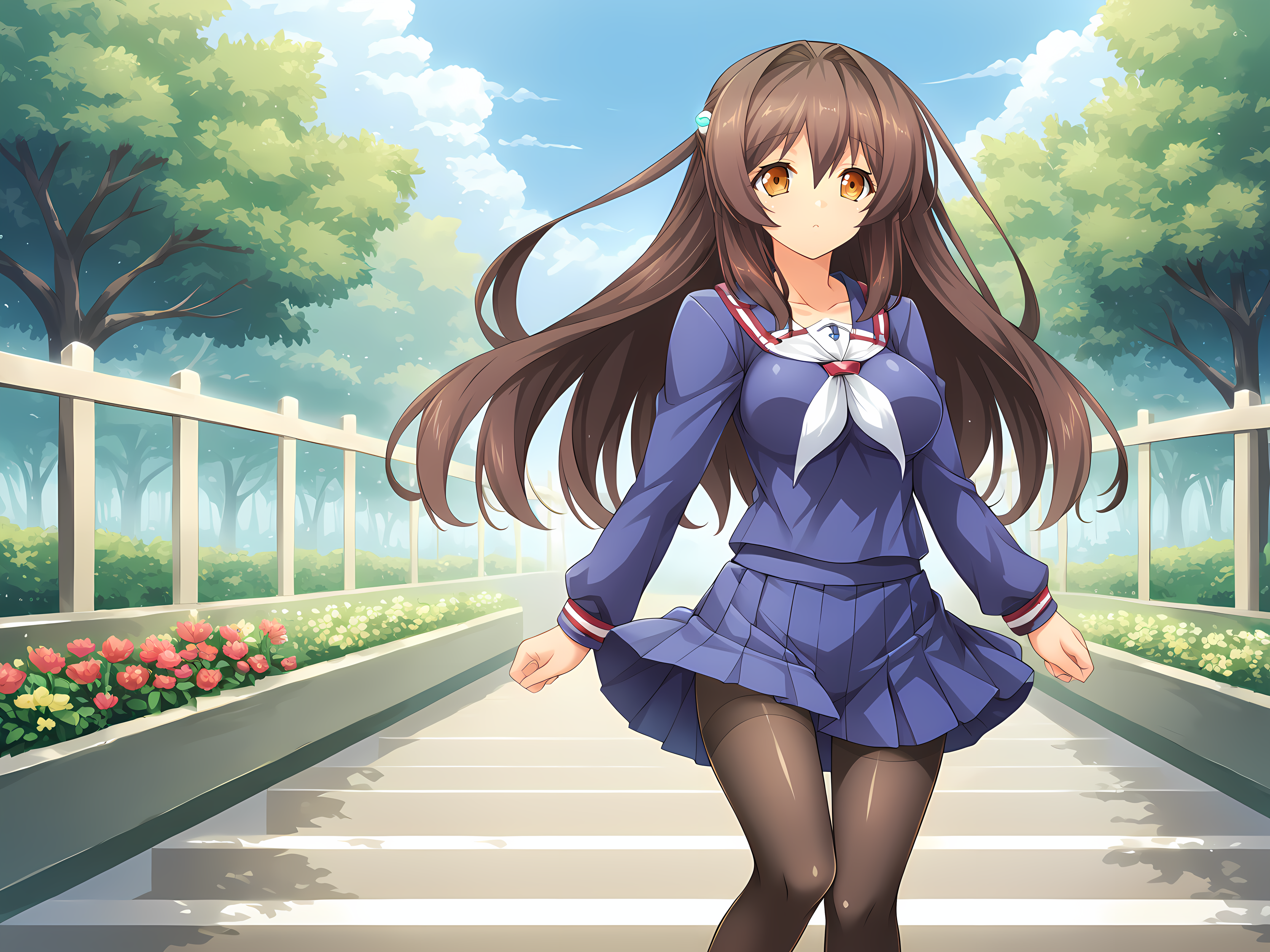 <lora:EXS-TIA:1>,lusterise,1girl,marina,brown hair,large breasts,brown eyes,school uniform,long sleeves,collarbone,black pantyhose,breasts,skirt,serafuku,thighband pantyhose,standing,outdoors,garden,cowboy shot,, score_9, score_8_up, score_7_up,source_anime,(masterpiece),(best quality),(ultra-detailed),(best illustration),(best shadow),(absurdres),(detailed background),(very aesthetic),source_anime