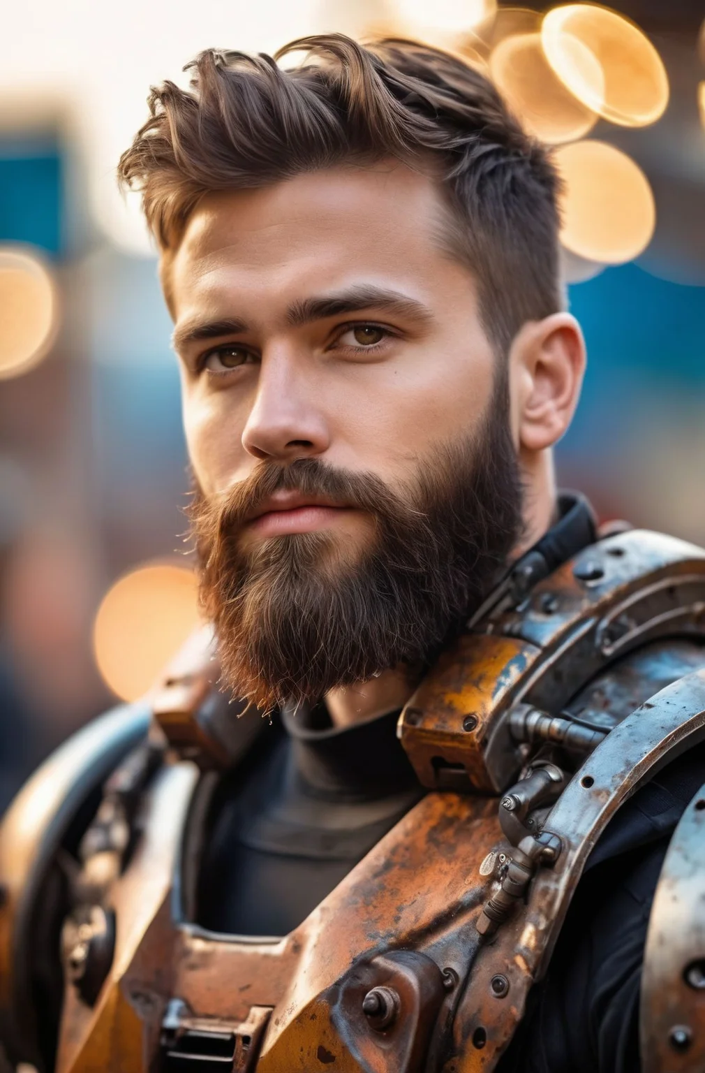 Portrait photo of muscular bearded guy in a worn mech suit, ((light bokeh)), intricate, (steel metal [rust]), elegant, sharp focus, photo by greg rutkowski, soft lighting, vibrant colors, (masterpiece), ((streets)), (detailed face:1.2),