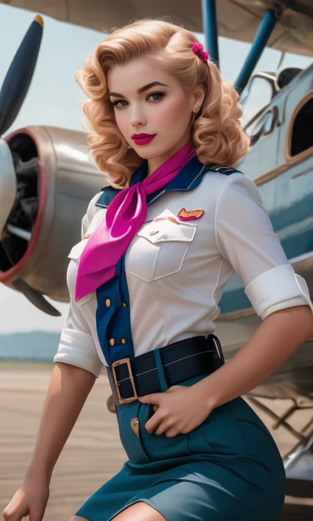 cinematic still bellissima, 1girl, A girl dressed as an aviation-inspired pin-up model from the 1950s stands near an airplane, exuding sexuality. She wears a uniform with epaulets and a scarf, her blonde hair styled in a signature pin-up 'do. Her makeup is bold, with bright pink lips and cheeks. She strikes a sultry pose, one hand on her hip as she gazes directly at the viewer with a mischievous smile, her eyes sparkle with playful mischief, and her eyebrows are arched in a sassy expression. The airplane, a vintage propeller plane, is parked nearby, its wings folded back like a proud bird. The background is a warm, sunny day at the airport, with passengers milling about or watching the action from the sidelines . emotional, harmonious, vignette, 4k epic detailed, shot on kodak, 35mm photo, sharp focus, high budget, cinemascope, moody, epic, gorgeous, film grain, grainy, (masterpiece), (best quality), (ultra-detailed), bellissima, 1girl, A girl dressed as an aviation-inspired pin-up model from the 1950s stands near an airplane, exuding sexuality. She wears a uniform with epaulets and a scarf, her blonde hair styled in a signature pin-up 'do. Her makeup is bold, with bright pink lips and cheeks. She strikes a sultry pose, one hand on her hip as she gazes directly at the viewer with a mischievous smile, her eyes sparkle with playful mischief, and her eyebrows are arched in a sassy expression. The airplane, a vintage propeller plane, is parked nearby, its wings folded back like a proud bird. The background is a warm, sunny day at the airport, with passengers milling about or watching the action from the sidelines, illustration, disheveled hair, detailed eyes, perfect composition, moist skin, intricate details, earrings, by wlop, photograph bellissima, 1girl, A girl dressed as an aviation-inspired pin-up model from the 1950s stands near an airplane, exuding sexuality. She wears a uniform with epaulets and a scarf, her blonde hair styled in a signature pin-up 'do. Her makeup is bold, with bright pink lips and cheeks. She strikes a sultry pose, one hand on her hip as she gazes directly at the viewer with a mischievous smile, her eyes sparkle with playful mischief, and her eyebrows are arched in a sassy expression. The airplane, a vintage propeller plane, is parked nearby, its wings folded back like a proud bird. The background is a warm, sunny day at the airport, with passengers milling about or watching the action from the sidelines, 50mm . cinematic 4k epic detailed 4k epic detailed photograph shot on kodak detailed cinematic hbo dark moody, 35mm photo, grainy, vignette, vintage, Kodachrome, Lomography, stained, highly detailed, found footage, bellissima, 1girl, A girl dressed as an aviation-inspired pin-up model from the 1950s stands near an airplane, exuding sexuality. She wears a uniform with epaulets and a scarf, her blonde hair styled in a signature pin-up 'do. Her makeup is bold, with bright pink lips and cheeks. She strikes a sultry pose, one hand on her hip as she gazes directly at the viewer with a mischievous smile, her eyes sparkle with playful mischief, and her eyebrows are arched in a sassy expression. The airplane, a vintage propeller plane, is parked nearby, its wings folded back like a proud bird. The background is a warm, sunny day at the airport, with passengers milling about or watching the action from the sidelines, intricate, elegant, highly detailed, extremely scenic, sharp focus, beautiful, lush, color, cinematic, artistic, true aesthetic, very inspirational, appealing, fine detail, epic, stunning, gorgeous, dynamic, ambient light, vibrant colors, radiant, magical, peaceful, pure, rational, complex, rich