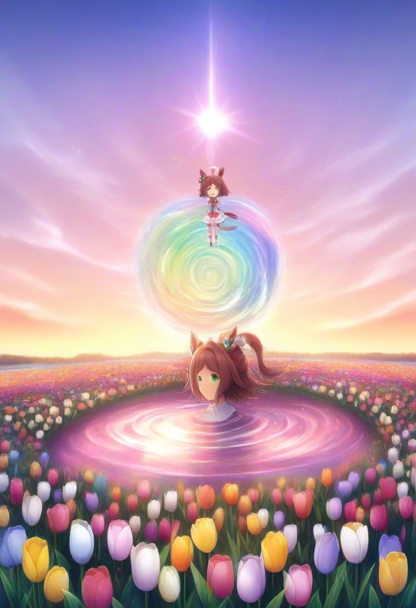 (umamusume, rhein_kraft_(umamusume), horse_ears, horse_girl, tail, 1girl, Tulip, animal_ears,), 
casual, field, flower, flower_field, green_eyes, hair_between_eyes,  solo, , symmetric ,spiralling vortex made of multicoloured tulips,ripples, reflective, jaynl-tm, rainbow, , g0ldsw0rthy,
(realistic, photo,  artistic, medium_hair, one_eye_closed, petals, relaxing,  lush foliage sunrise,  ,  : 0.7)
