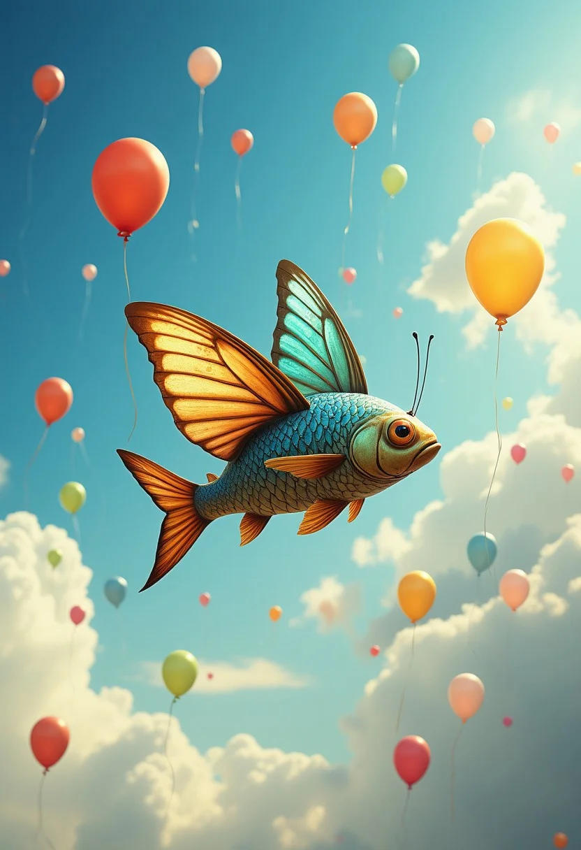 a surreal scene featuring a fish with butterfly wings, gliding gracefully through a sky filled with floating balloons. The background should be a bright, sunny day with fluffy clouds, and the fish should have vibrant, iridescent scales that catch the light, blending the elements of land, sea, and sky.