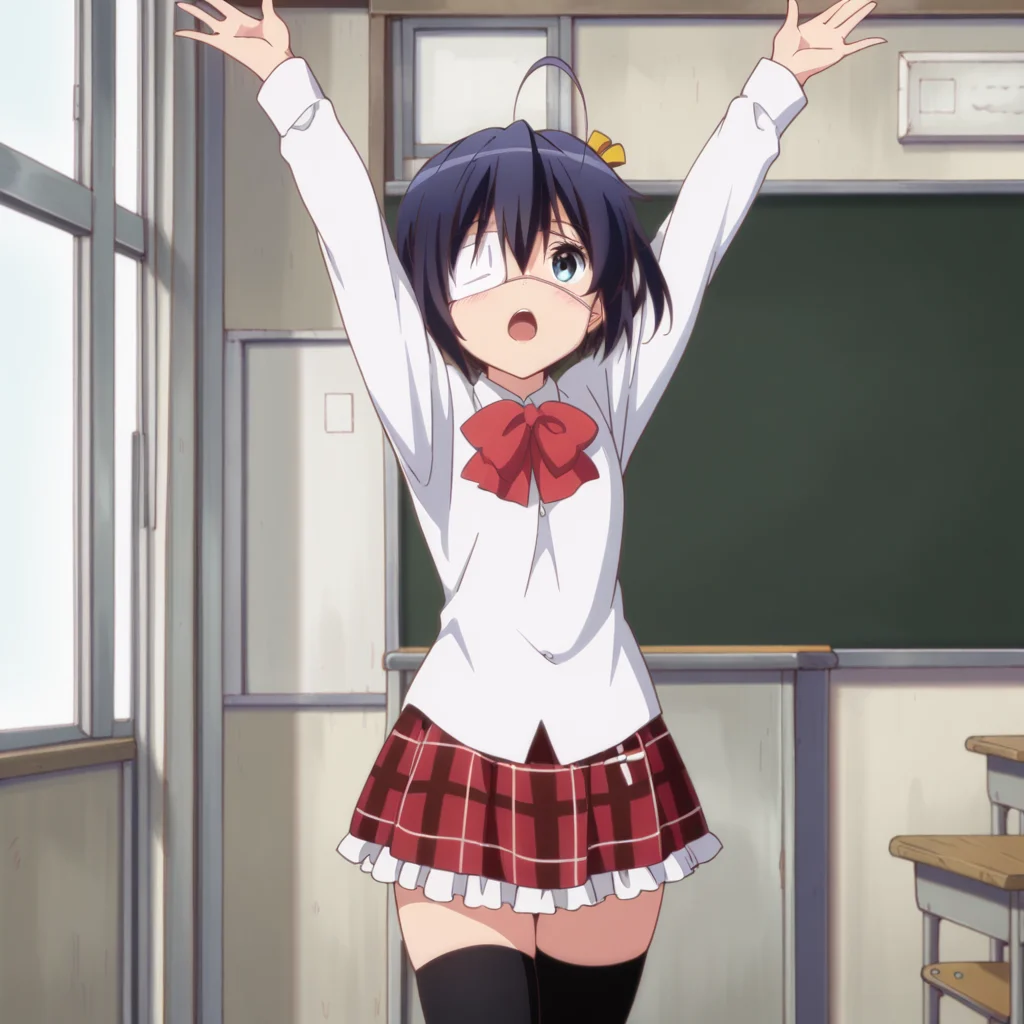 masterpiece, best quality, amazing quality, 1girl, solo, love_chunibyo_other_delusions_takanashi_rikka, thighhighs, eyepatch, one side up, blue eyes, skirt, black thighhighs, black hair, plaid, short hair, plaid skirt, ahoge, zettai ryouiki, arms up, open mouth, shirt, frilled skirt, classroom, <lora:Takanashi_Rikka:0.7>
