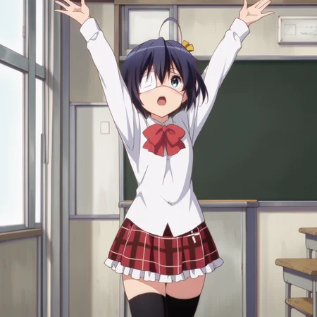 masterpiece, best quality, amazing quality, 1girl, solo, love_chunibyo_other_delusions_takanashi_rikka, thighhighs, eyepatch, one side up, blue eyes, skirt, black thighhighs, black hair, plaid, short hair, plaid skirt, ahoge, zettai ryouiki, arms up, open mouth, shirt, frilled skirt, classroom, <lora:Takanashi_Rikka:0.7>