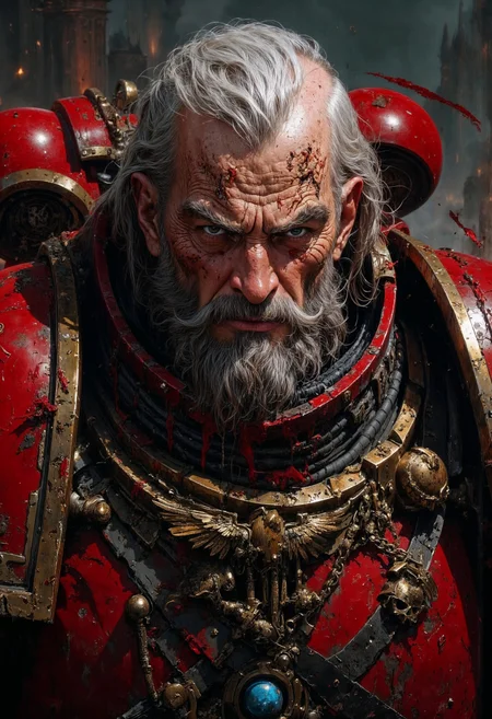 close up portrait, Highly detailed and realistic fantasy character in a dramatic shot. Epic cinematic depiction of a very old Paladin in full BloodA40K red power armor. He is bearded and his hair is going grey. <lora:FluxBloodA40K:1> <lora:FluxMythP0rtr4itStyle:0.5> <lora:sxz-Dark-Fantasy-v2-Flux:0.5> <lora:flux_realism_lora:0.8>
