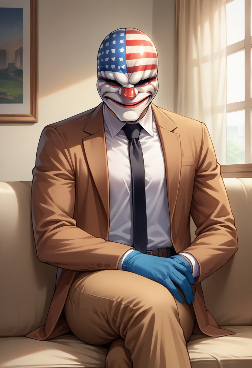 score_9, score_8_up, source_anime, 1boy, solo, DallasPD, mask, brown jacket, open jacket, black necktie, white shirt, dress shirt, blue gloves, brown pants, indoors, on couch, crossed legs, <lora:epoch-000014:1>