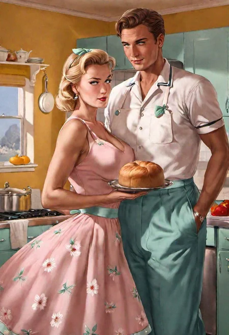 2 people mikay page woman, in a pink flower dress, An evocative scene set in a 1950s kitchen, filled with pastel hues that transport us to a bygone era. In this charming vintage kitchen, a woman is captured in the midst of baking a loaf of bread, standing next to a man dressed in a retro suit, embodying the timeless domesticity and warmth of the 1950s.