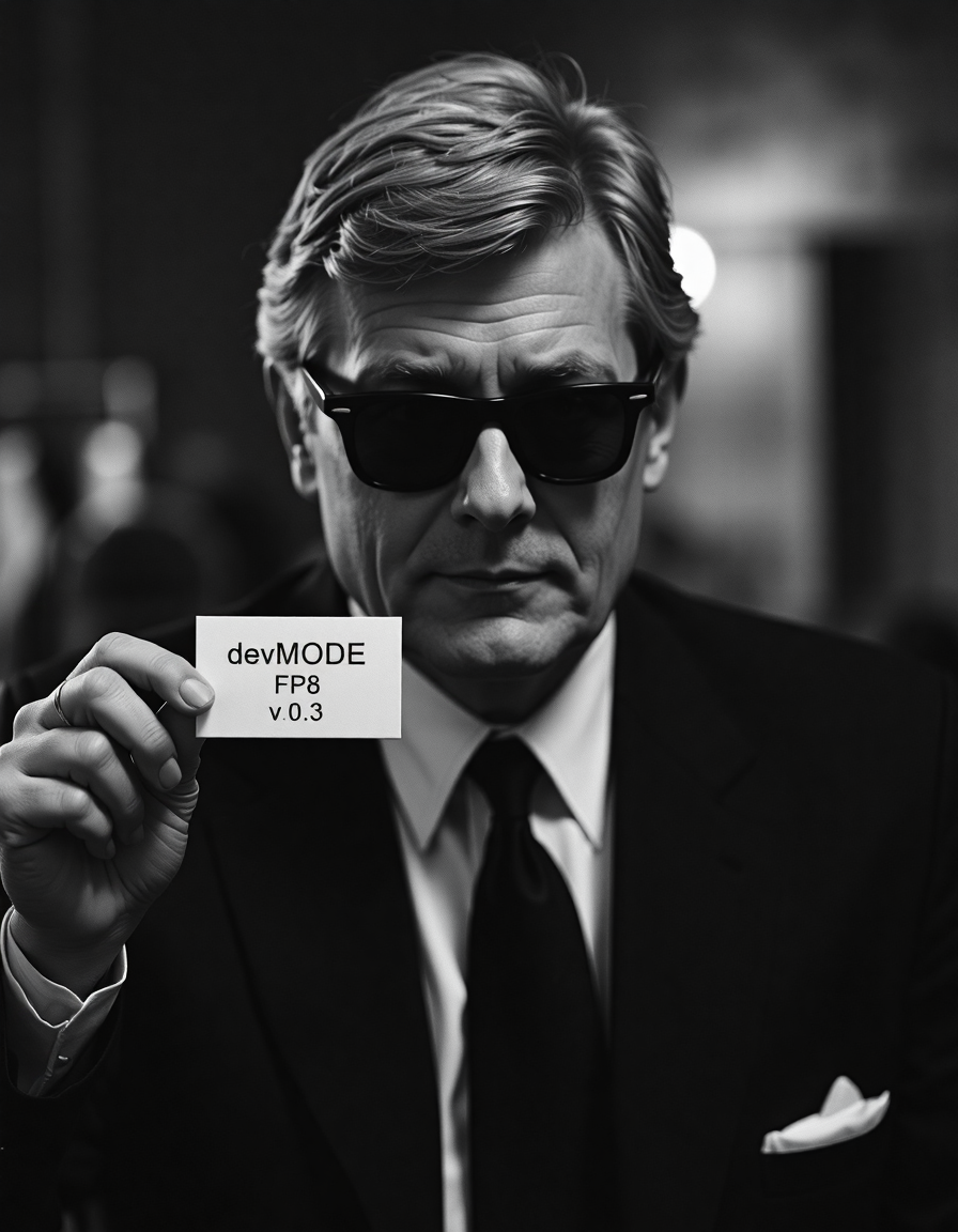 A 35mm analog black and white photo, high iso, chiaroscuro lighting, movie still, a grey haired man wearing rayban wayfarer sunglasses, he's wearing a black business suit, black tie, holdin a business card in the in one hand, he's holding the card to camera with text on it saying "devMODE FP8 v0.3"