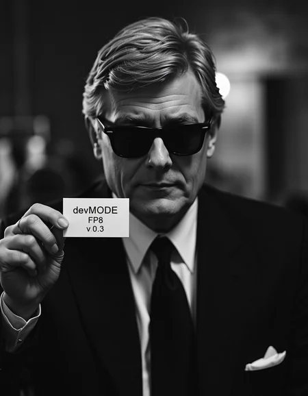 A 35mm analog black and white photo, high iso, chiaroscuro lighting, movie still, a grey haired man wearing rayban wayfarer sunglasses, he's wearing a black business suit, black tie, holdin a business card in the in one hand, he's holding the card to camera with text on it saying "devMODE FP8 v0.3"