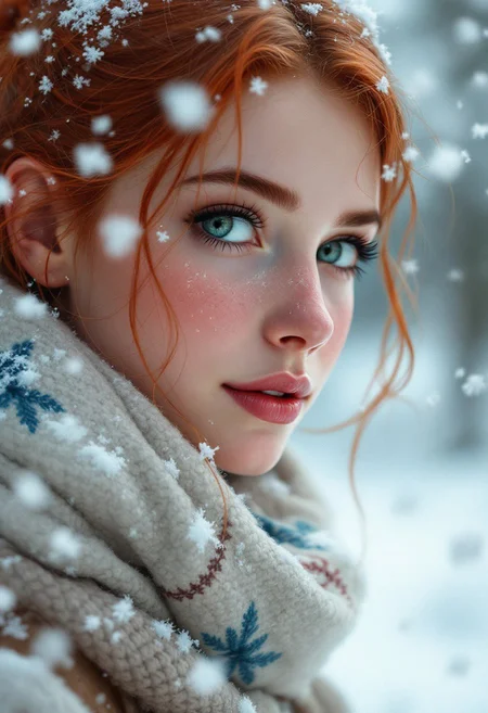 digital painting, lifelike anime, ultra realistic, by Jeremiah Ketner and Charlie Bowater and Stanley Artgerm and Thomas Saliot and J. Scott Campbell, cute Irish teen girl's face, winter, scarf, snow, ginger hair