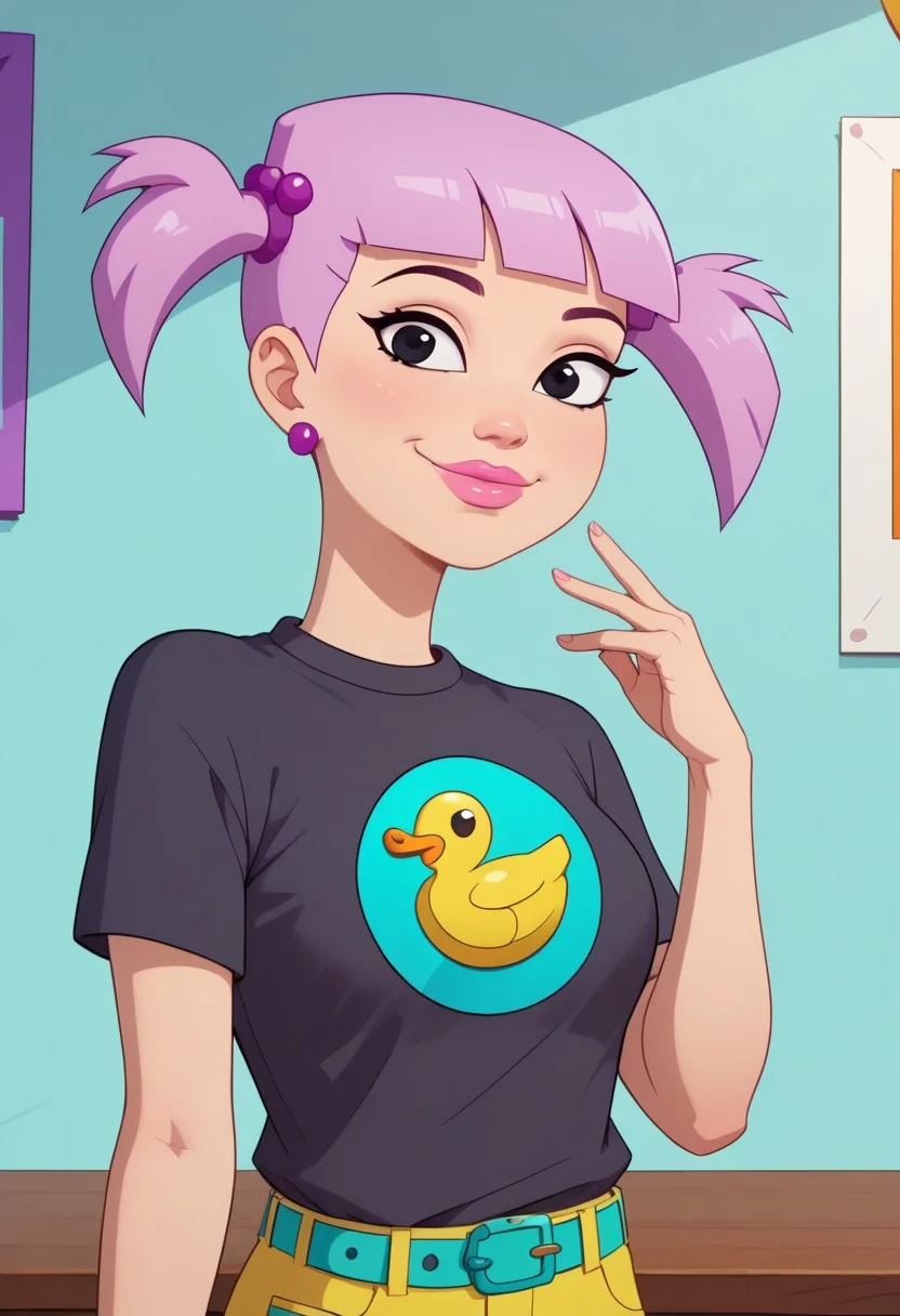 ((bedroom background)),score_9, score_8_up, score_7_up,score_6_up, 
1girl, Solo, Hiromi_HYG, light skin, black eyes, bright lilac hair, hairstyle with two pigtails, pink lips, small round purple earrings, gray T-shirt with yellow duck logo, bright yellow pants, cyan belt, brunswick green color boots with heels, tall stature, social smile, sexy face, close-up, face photo, perfect eyes, perfect smile, looking at the viewer, big breasts, detailed eyes, perfect eyes, very close-up, cute