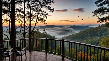 <lora:pytorch_lora_weights_361535:1>,a forest hillside lookout just before (sunrise:1.1), clouds glowing faintly with (soft amber light:1.2), two coffee mugs steaming on the railing, birds beginning to stir in the misty trees below.,, Masterpiece,best quality,realistic,HDR, 8K, masterpiece, best_quality, absurdres, ultra-detailed, highly_aesthetic, depth_of_field