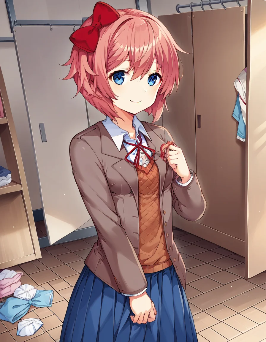 score_9, score_8_up, score_7_up, source_anime, <lora:ddlc-sayori-ingame-ponyxl-lora-nochekaiser:1>, sayori, blue eyes, hair between eyes, hair bow, hair ornament, pink hair, red bow, short hair,, blue skirt, pleated skirt, school uniform, skirt, brown jacket, jacket,, messy room, clutter, clothes on floor, disorganization, laundry, smile, smile, looking at viewer, solo,, dutch angle, cowboy shot