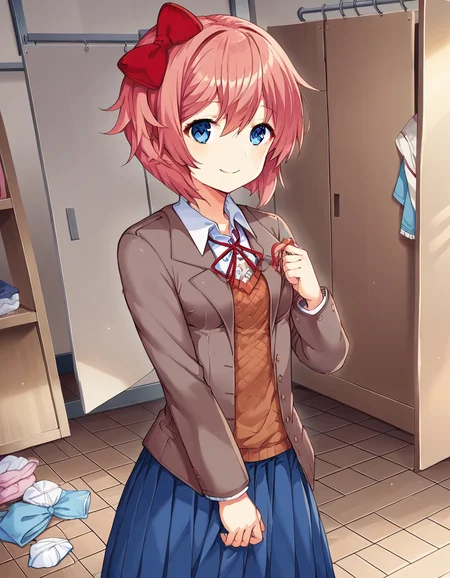 score_9, score_8_up, score_7_up, source_anime, <lora:ddlc-sayori-ingame-ponyxl-lora-nochekaiser:1>, sayori, blue eyes, hair between eyes, hair bow, hair ornament, pink hair, red bow, short hair,, blue skirt, pleated skirt, school uniform, skirt, brown jacket, jacket,, messy room, clutter, clothes on floor, disorganization, laundry, smile, smile, looking at viewer, solo,, dutch angle, cowboy shot