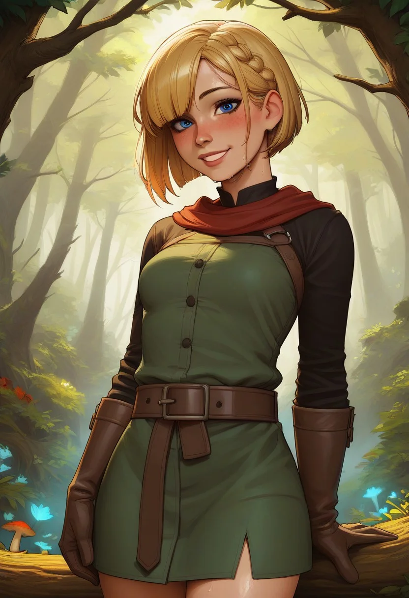 score_9, score_8_up, score_8_up, 1girl, solo female, cute girl, blonde hair, short hair, bob cut, green tunic, inguinal crease, sleeves, skirt, hair braid, shawl, leather gloves, leather belt, arrow quiver behind back, looking at viewer, beautiful blue eyes, blush, happy smile, excited, sweaty skin, small breasts, neon, cowboy shot
BREAK
fantasy forest, tall forest, green forest, log, small red mushrooms, (godrays)