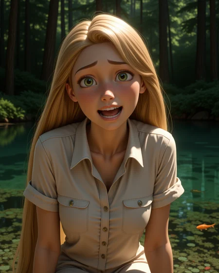 wide shot, looking at viewer, outdoors daylight, Embarrassed with flushed cheeks, averted eyes, and a shy smile attempting to hide discomfort.
A woman sits at the edge of a crystal-clear pond in a forest, watching the fish swim beneath the surface, the sound of rustling leaves in the background. in a dynamic pose
<lora:Disney_-_Rapunzel_v2-000030:1> d-rapunzel a 20 year old adult woman with green eyes and blonde hair. Linen button-down shirt dress with short sleeves, chest pocket, and a relaxed fit