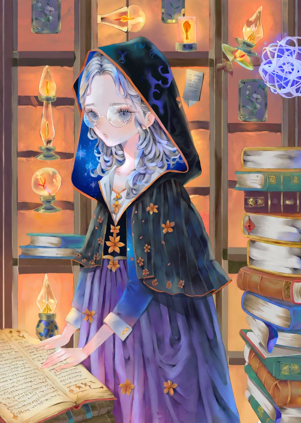 , by poire
by yogisya
1girl cleavage, robe
explores a dimly lit attic filled with old books, casting eerie shadows on the walls. close up
magic library
colorful
gradient
glowing particles
warm lights,