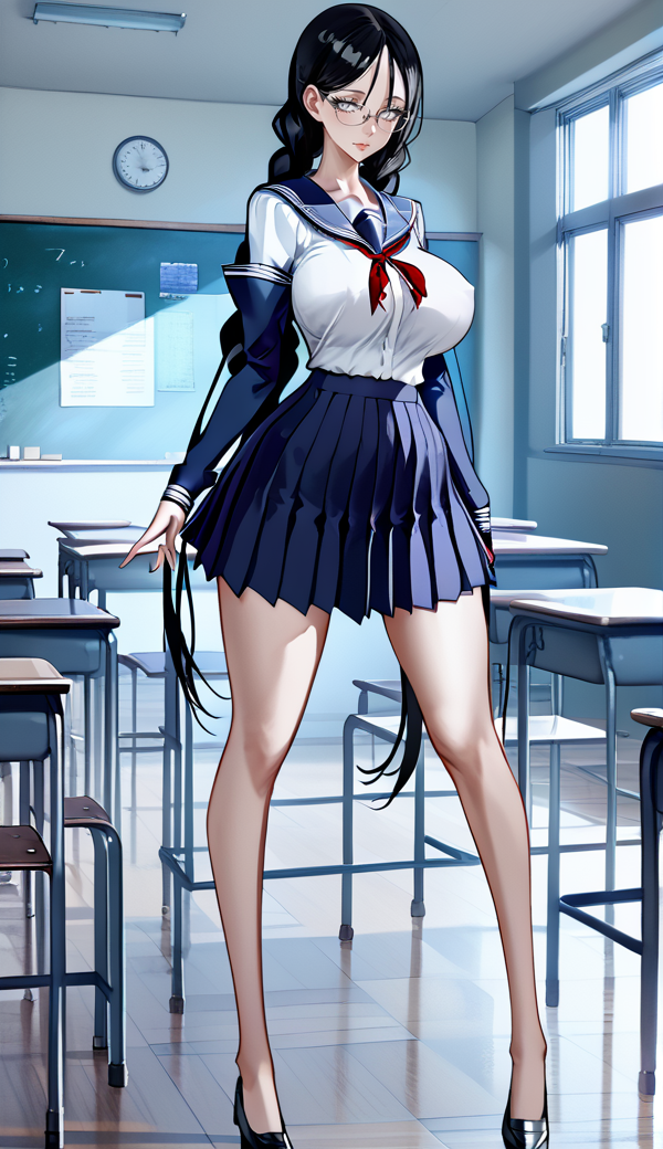 1girl, bright colors, score_9_up, score_8_up, rating_explicit, sexy, school uniform, full body,
very long hair braids, long legs, huge breasts, black hair, silver eyes, glasses, hair between eyes, tall, skinny, slim, thin, long eyelashes, narrow shoulders
<lora:add-detail-xl:-1>, classroom
<lora:Femininebody2:0.5>, perfthig, <lora:raita_xl:0.8>