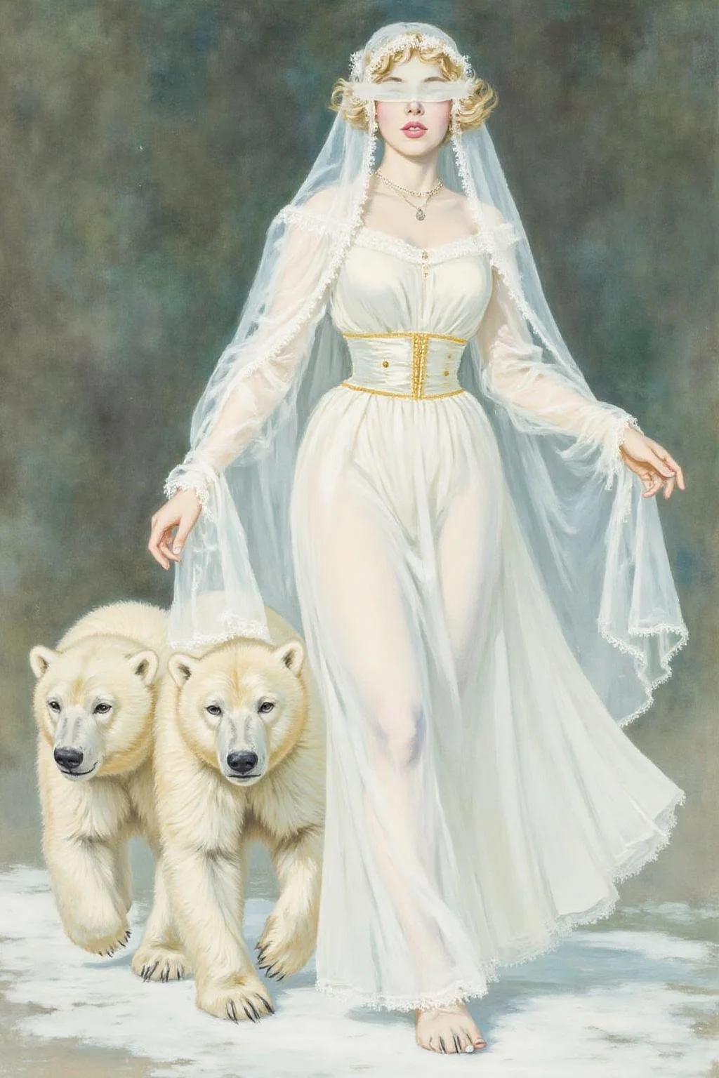 cobyw1 illustration
dulac1 illustration.
A Snow Queen with an ethereal appearance. She is dressed in a flowing, long white gown that seems to shimmer, possibly made of a translucent fabric or lace, giving it a delicate, ethereal quality. Her hair and face are obscured by a delicate, sheer veil that extends to the ground, adding to her otherworldly aura.
Two polar bears are walking besides her.
<lora:cobyw1_cap_d6a3e12:1.0><lora:818770313367236020:0>