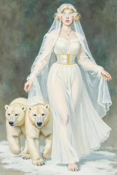 cobyw1 illustration
dulac1 illustration.
A Snow Queen with an ethereal appearance. She is dressed in a flowing, long white gown that seems to shimmer, possibly made of a translucent fabric or lace, giving it a delicate, ethereal quality. Her hair and face are obscured by a delicate, sheer veil that extends to the ground, adding to her otherworldly aura.
Two polar bears are walking besides her.
<lora:cobyw1_cap_d6a3e12:1.0><lora:818770313367236020:0>