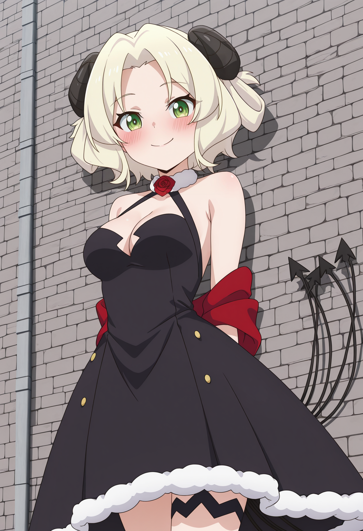 highres, best quality, masterpiece, outdoors, wall,
1girl, solo, sl300pec, short hair, blonde hair, horns, > <,  multiple tails, demon tail,
black dress, fur trim, halterneck, rose, bare shoulders, cleavage, sleeveless, gloves, red shawl, thigh strap, green eyes, 
anime screencap,
looking at viewer, blush, smile,
arms behind back, standing,
<lora:_pecora_slime300-elesico-ilxl-000014:1>
