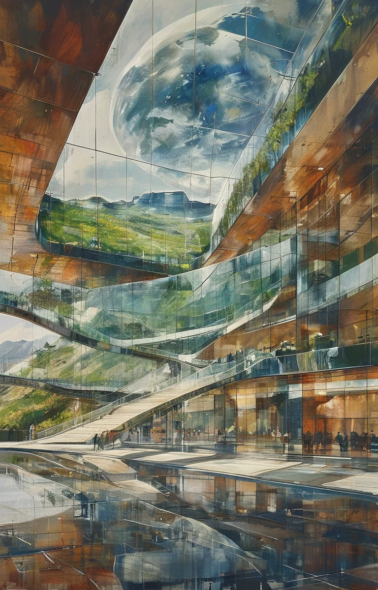 masterpiece,best quality,<lora:tbh304-sdxl:0.9>,illustration,designed by Norman Foster Sustainable eco-village with green roofs and solar panels, nestled in a mountain valley