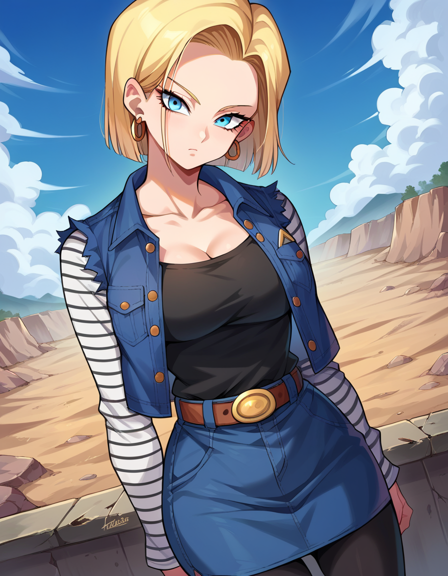 score_9, score_8_up, score_7_up, source_anime,
android18, <lora:android-18-ponyxl-lora-nochekaiser:1>,
android 18, blonde hair, blue eyes, eyelashes, hoop earrings, short hair, earrings,
belt, black legwear, black shirt, breast pocket, cleavage, collarbone, denim, denim skirt, high-waist skirt, jewelry, long sleeves, pocket, shirt, shirt tucked in, skirt, striped, striped sleeves, waistcoat,
outdoors, wasteland,
looking at viewer, dutch angle, cowboy shot,