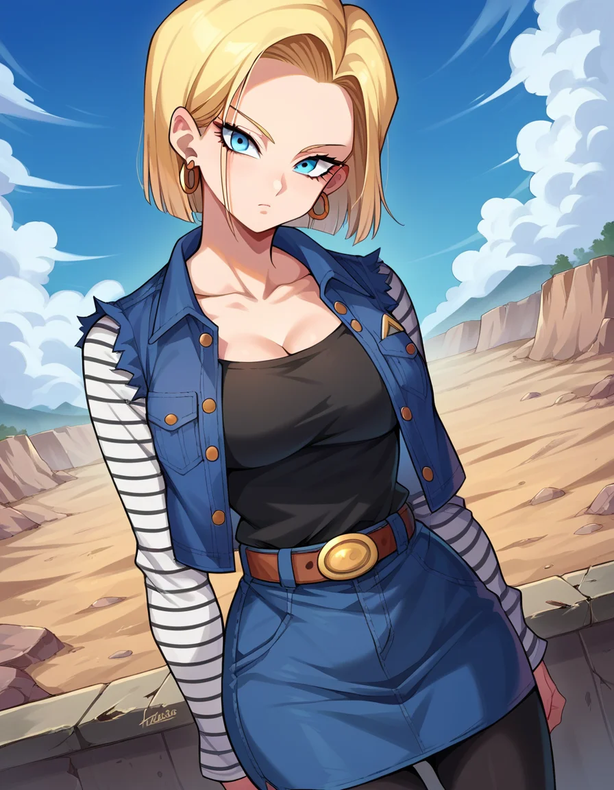 score_9, score_8_up, score_7_up, source_anime,
android18, <lora:android-18-ponyxl-lora-nochekaiser:1>,
android 18, blonde hair, blue eyes, eyelashes, hoop earrings, short hair, earrings,
belt, black legwear, black shirt, breast pocket, cleavage, collarbone, denim, denim skirt, high-waist skirt, jewelry, long sleeves, pocket, shirt, shirt tucked in, skirt, striped, striped sleeves, waistcoat,
outdoors, wasteland,
looking at viewer, dutch angle, cowboy shot,