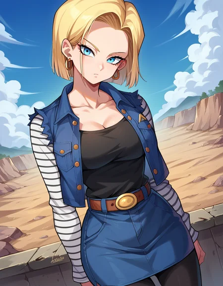 score_9, score_8_up, score_7_up, source_anime,
android18, <lora:android-18-ponyxl-lora-nochekaiser:1>,
android 18, blonde hair, blue eyes, eyelashes, hoop earrings, short hair, earrings,
belt, black legwear, black shirt, breast pocket, cleavage, collarbone, denim, denim skirt, high-waist skirt, jewelry, long sleeves, pocket, shirt, shirt tucked in, skirt, striped, striped sleeves, waistcoat,
outdoors, wasteland,
looking at viewer, dutch angle, cowboy shot,
