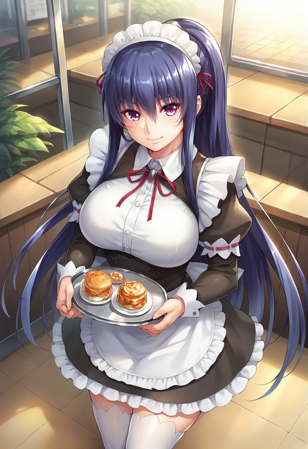 dynamic angle,,score_7_up,score_8_up,scrore_9,1girl,solo,rinko_akiyama,ra-ca_\(enmaided\),cafe,holding tray,smile,dutch angle,from above,white thighhighs,<lora:rinko_pony_V1-2-000020:0.7>