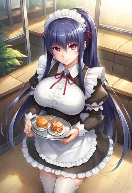 dynamic angle,,score_7_up,score_8_up,scrore_9,1girl,solo,rinko_akiyama,ra-ca_\(enmaided\),cafe,holding tray,smile,dutch angle,from above,white thighhighs,<lora:rinko_pony_V1-2-000020:0.7>