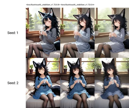 <lora:illustriousXL_stabilizer_v1.72:0.8>1girl,fox ears,black hair,messy hair,sitting,bed,fox tail,feet out of frame,wooden window,potted plant,tree,holding cup,sleepy,zzz,dress,pantyhose,masterpiece,