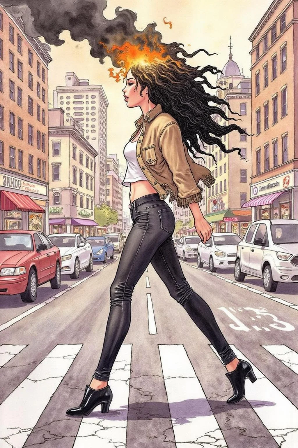 itacomic1 illustration. Fantasy artwork. Profile of a woman with long black hair walking across the street at zebra crossing. Her hair is on fire, with black Smoke coming out of her head. <lora:itacomic_mima3_fl_d4a2:1.0><lora:801275769109147005:0>
