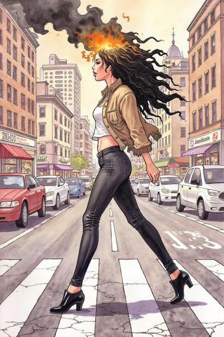itacomic1 illustration. Fantasy artwork. Profile of a woman with long black hair walking across the street at zebra crossing. Her hair is on fire, with black Smoke coming out of her head.  <lora:itacomic_mima3_fl_d4a2:1.0><lora:801275769109147005:0>