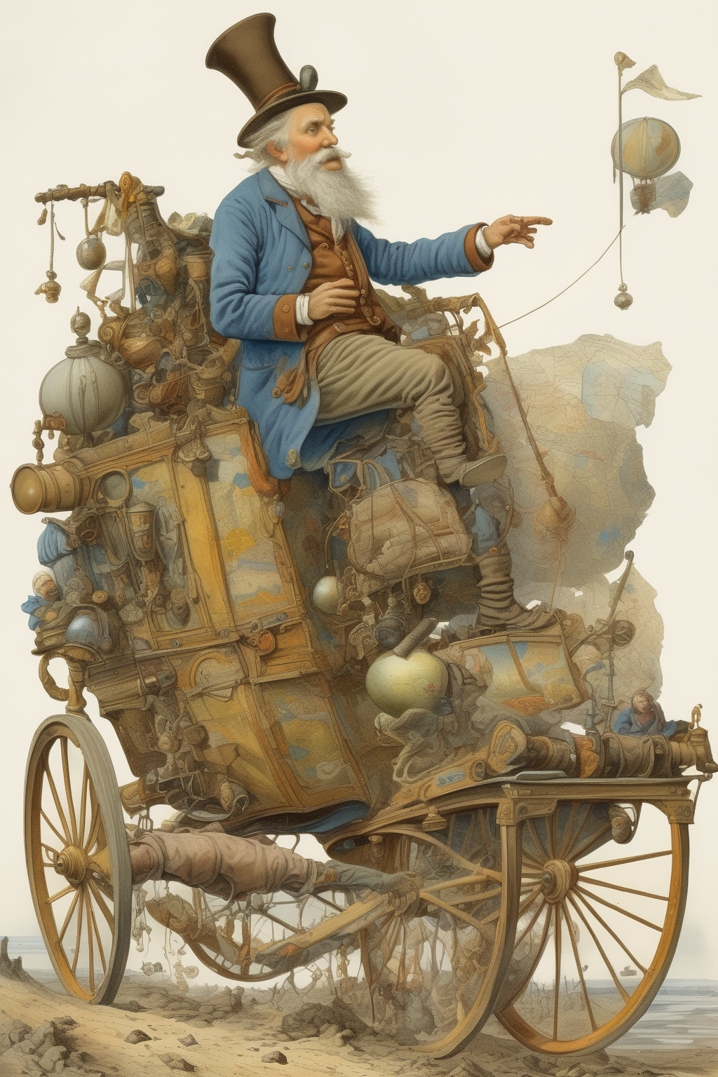 <lora:Richard Dadd Style:1>by Richard Dadd Style - a man dressed in 19th century traveller's attire limping away from a carriage turned over on the side of the muddy slope, in the style of fantastical contraptions, maritime scenes, victorian-inspired illustrations, johfra bosschart, kestutis kasparavicius, assemblage of maps, paul gustav fischer