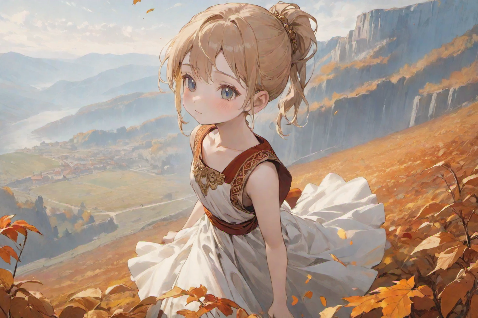 highly detailed charactor, miniature,
Girl, fantasy dancer,
unbleached white clothes, tunic, sleeveless, knee-length,
in ancient roman highlands,  autumn colour, wind,  (ponytail:0.6),
looking at viewer, full body,highly detailed beautiful face and eyes,<lora:more_details:0.5>