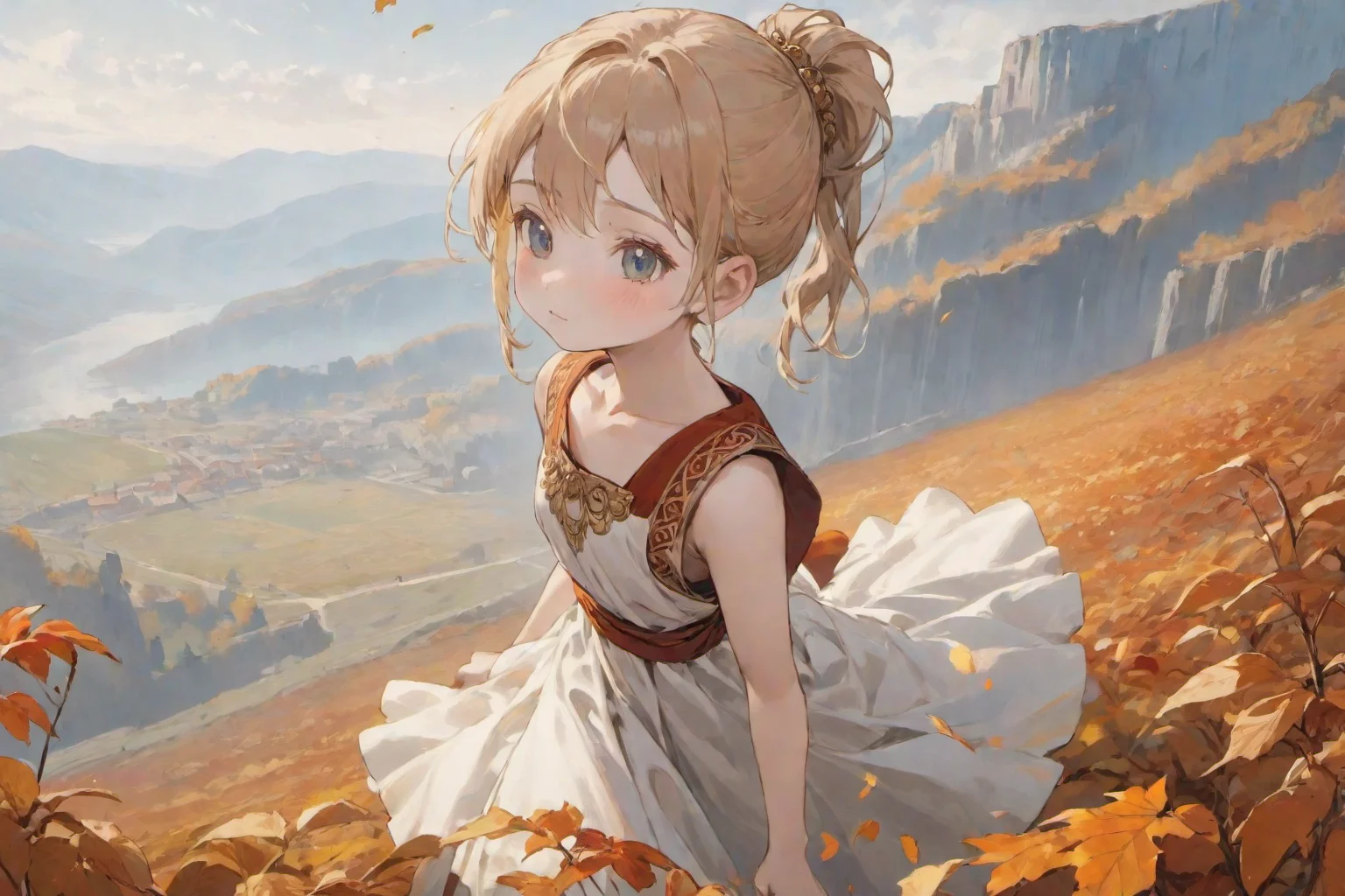 highly detailed charactor, miniature,
Girl, fantasy dancer,
unbleached white clothes, tunic, sleeveless, knee-length,
in ancient roman highlands, autumn colour, wind, (ponytail:0.6),
looking at viewer, full body,highly detailed beautiful face and eyes,<lora:more_details:0.5>