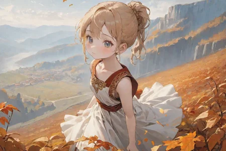 highly detailed charactor, miniature,
Girl, fantasy dancer,
unbleached white clothes, tunic, sleeveless, knee-length,
in ancient roman highlands, autumn colour, wind, (ponytail:0.6),
looking at viewer, full body,highly detailed beautiful face and eyes,<lora:more_details:0.5>