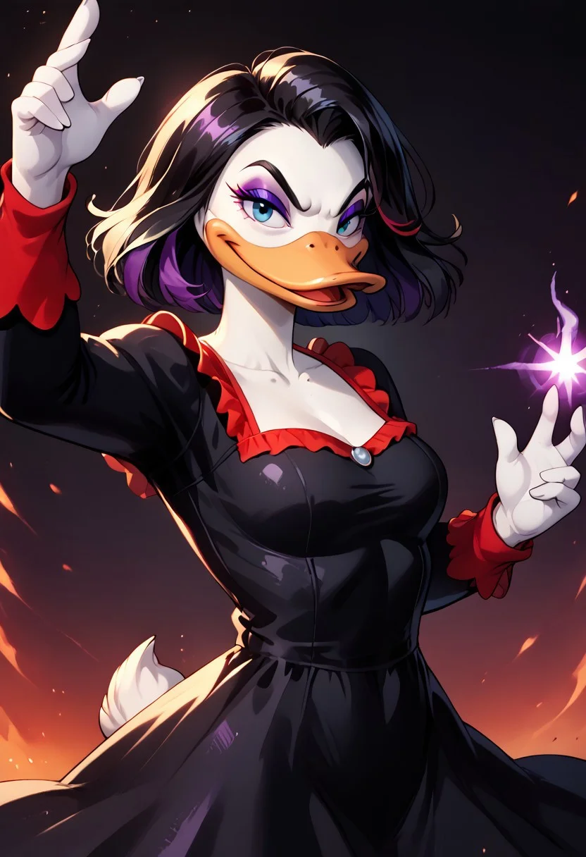 score_9, score_8_up, ty le3, magicads, furry female, purple eyeshadow, black hair, black dress, short hair, duck, red sleeve frills, long sleeves, white skin, dynamic pose, perfect contrasts, original perspective, detailed dark shadow, detailed clear highlights, sharp lines, detailed face