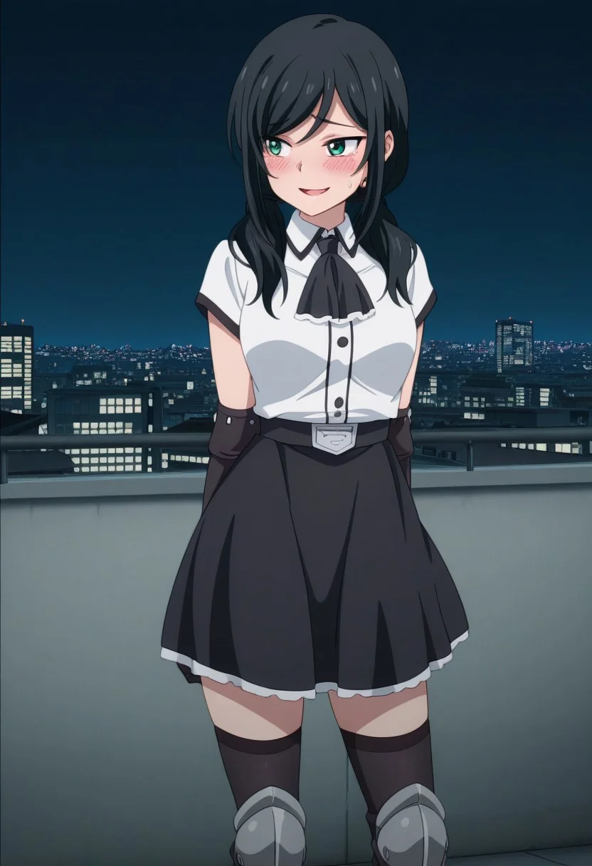 masterpiece,perfect quality,best quality,absolutely eye-catching,absurdres,highres,newest,anime coloring, anime screencap,(1girl,solo),PiltzHero, black hair, long hair, low twintails, green eyes, elbow gloves, black skirt, shirt, black thighhighs, boots, arms behind back, contrapposto, raised eyebrows, embarrassed, open mouth smile, nervous, blush, sweatdrop, looking away, city, skyline, night, tokyo, rooftop,