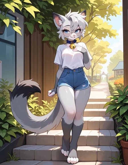 masterpiece, best quality, very aesthetic, absurdres,
outdoors, casual, 
full body, posing, 
seductive smile, parted lips, long eyelashes,
<lora:Nixuelle_v01_NAIXL:1>
Nixue11e,1girl,solo,furry,furry female, cat girl, cat ears, short hair, grey hair, blue eyes, round eyewear, snout, animal nose, collar, neck bell, body fur, two-tone fur, grey fur, white fur, cat tail,