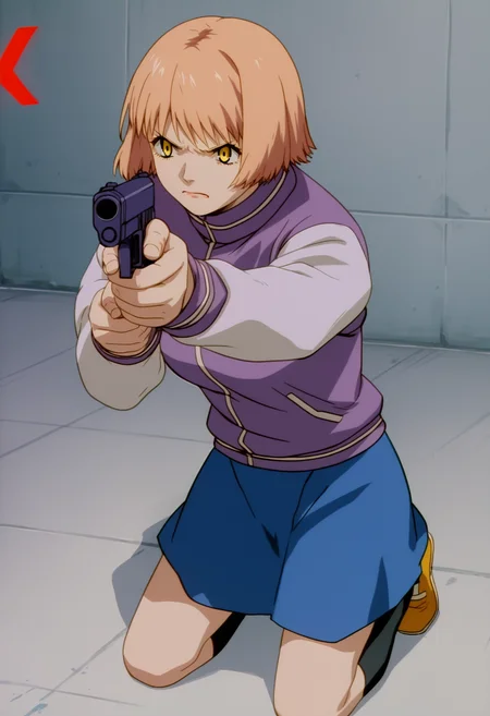score_9, score_8, score_7, source_anime,
rating_general,
<lora:mikura-ponyxl-000030:1> mikuraova, yellow eyes,
letterman jacket, purple shirt, white sleeves, skirt, blue skirt,
1girl, solo, kneeling, aiming, firing, handgun, bowling alley