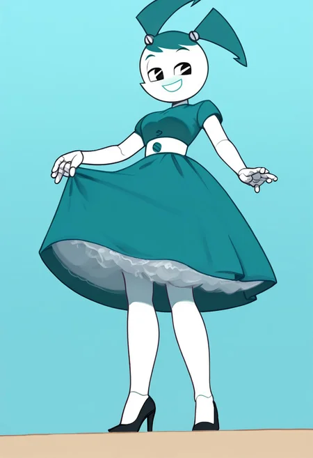 (Masterpiece, best quality:1.2), score_9, score_8_up, flat color, flat shading, soft shading, lighting, Jenny Wakeman as an adult, in a 1950's full length formal blue skirt, a white belt, button down v-neck formal black top, a fluffy frilly ruffled full white petticoat, and black high heels, dress, layered petticoat, frilly petticoat, fluffy petticoat, full petticoat, detailed petticoat ((wide skirt, detailed outfit, flowing skirt, long skirt, solid blue colored skirt, black high heels)), blue hair, series accurate, cute, best high quality, high res, robot, humanoid robot, medium breasts, whole body shot, 1girl, ((solo, outdoors, looking at you, low angle)), cute, seductive, seductive smile, half lidded eyes, low angle shot, cartoon, cartoon style, vector, solo, circle dress, 1950s, whisperfoot_style, dance dress jenny, jenny wakeman, 1girl, solo, robot joints, black eyes, white skin, ponytail, hair bow, blue rose chest corsage, poofy dress, blue hair, flat lighting