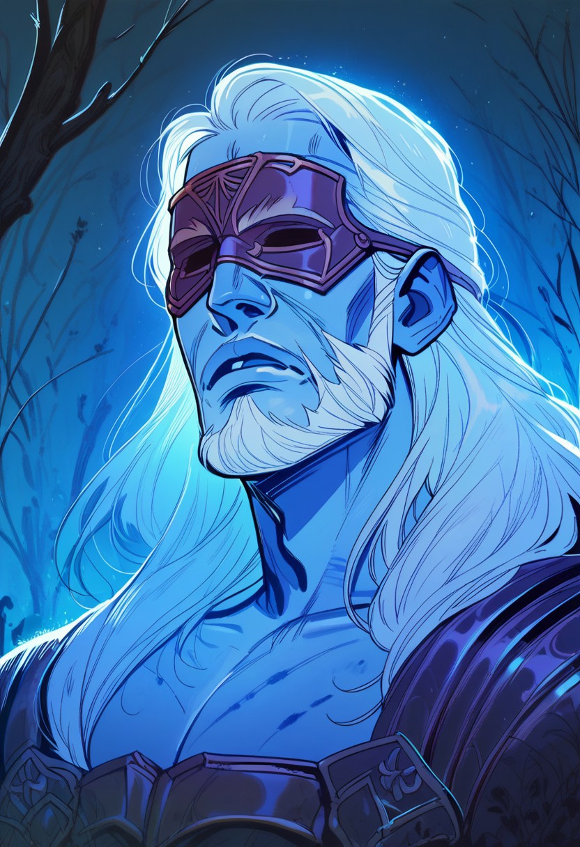 score_9, score_8_up, score_8, score_7_up, score_7, score_6_up, score_6, score_5_up, Score_5,  ghostly, blue_skin, blank_eyes, elderly man, broad, long hair, beard, armor, obscured eyes, blindfold, stoic expression, vox machine style, 1boy, male focus, solo, portrait,  forest background, fantasy, (dynamic lighting:1.1)
((masterpiece))